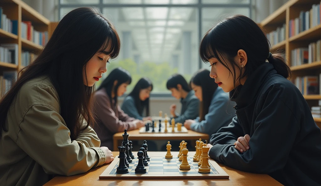 A stunning and oil painting of two young beautiful Korean women, -18, beautifully portrayed with a tensed and melancholic expression are locked in a tense chess match in library. The chessboard between them is a battlefield of strategic maneuvers and calculated risks. Each move is deliberate. The only sounds are the soft clinks of chess pieces and the occasional murmur of contemplation, as both players remain deeply focused on the game, there are other matches going on in the background. the background is little blur. The atmosphere is charged with concentration and quiet intensity.. wide angle, adding to the sense of unease. The painting exhibits a real-like, impressionistic style, with visible brush strokes that create a sense of depth and texture. The color palette primarily consists of warm tone, grays, and blacks, evoking a light atmosphere. wide shot, realistic