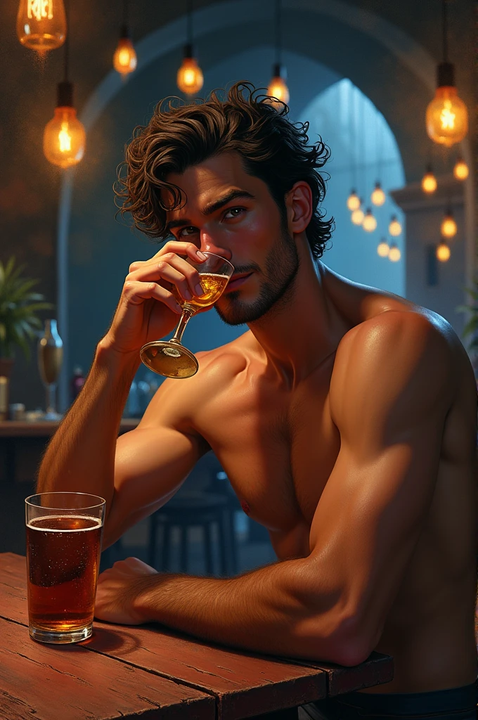 Hyper detailed gouache painting of a batman, male, drinking in a tavern, playful smile on his face, [hyper realistic], handsome, Greek, brunet, 1 boy, chiseled features), (dark magic: 1.2), mature, warm illumination, shirtless, natural glossy skin, looking at viewer, curly hair, (volumetric lighting), atmospheric perspective, dust particles, light axis, (e_foxy:0.7), m_wlop, (