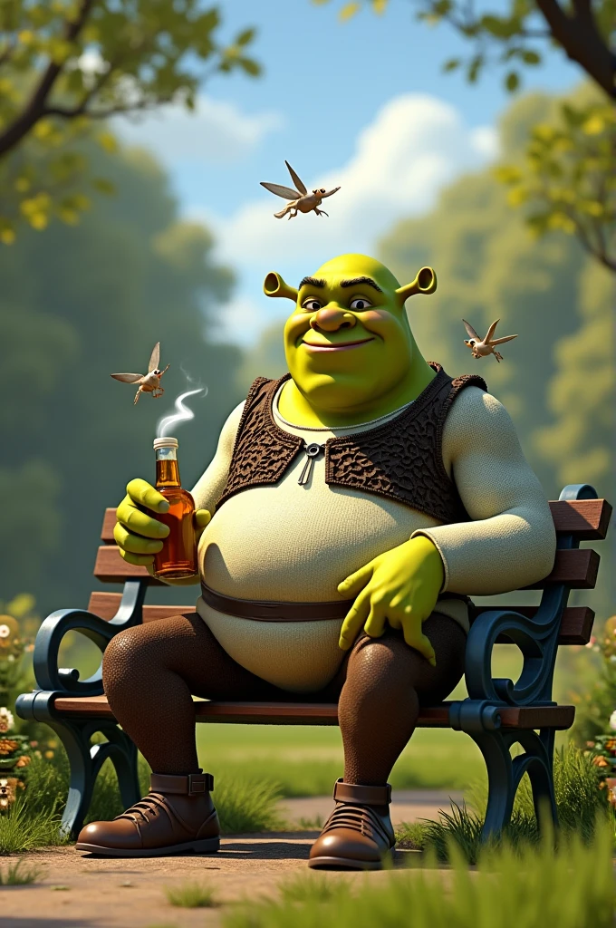 Sherk, SITTING ON A PARK BENCH, smoking a cigarette, with beer in hand, happy, PAKSROS FLYING.