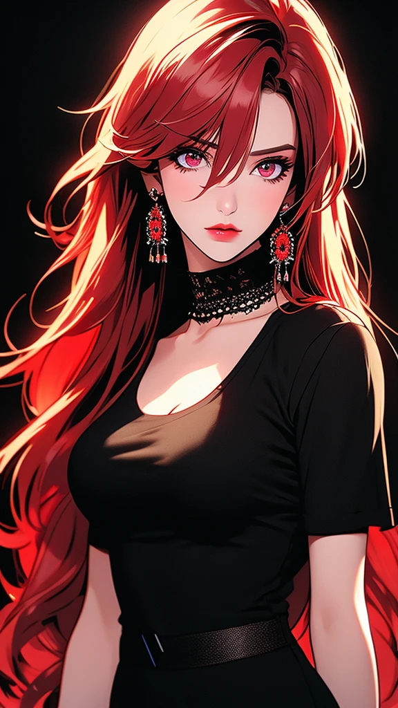 realistic,photorealistic,photo-realistic:1.37,highres,best quality,4k,masterpiece:1.2,ultra-detailed,extremely detailed eyes and face,long hair,red hair,multicolored hair,gradient hair,bangs,black hair,hair between eyes,ear piercing,piercing,jewelry,earrings,looking at viewer,1girl,solo,black shirt,shirt,breasts,medium breasts,collarbone,red eyes,black background,neon,video game art,red neon