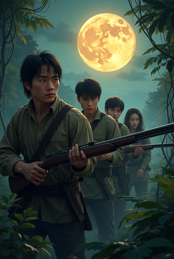 Photorealism 1.2 high definitions face detailing 4 male at forest Asian jungle hunting one of them holding hunting gun moonlight effect dusk fog hunting in action dark background night headlamp naked women following them at back with long hair face not clear