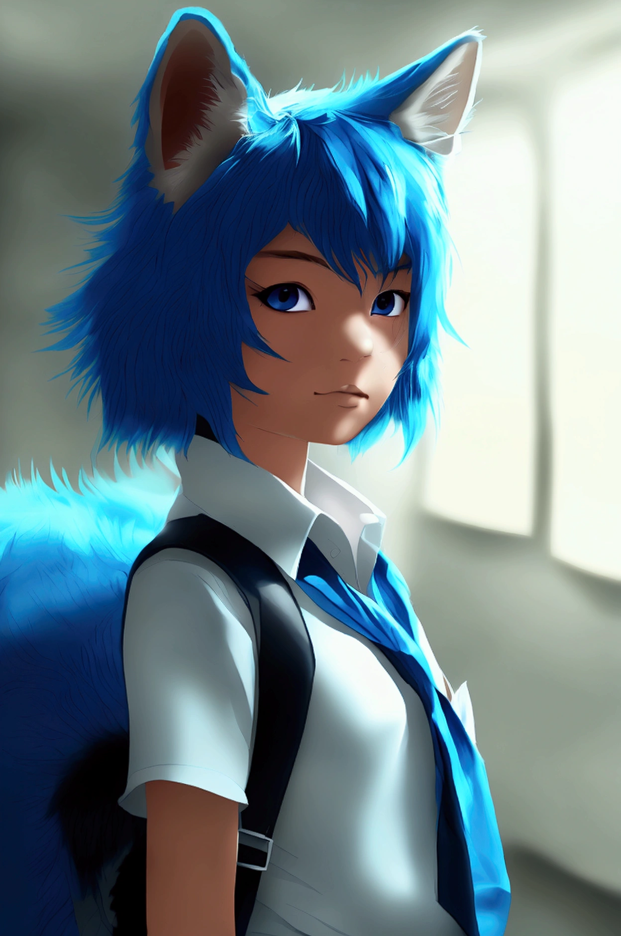 1 girl, blue fur, wolf girl, medium breasts, School uniform, portrait, simple background, (furry:1.5) 