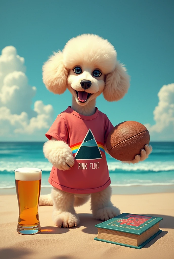 Image of a poodle dog on the beach wearing a Pink Floyd t-shirt playing with a rugby ball and a beer on the sides with a psychology book