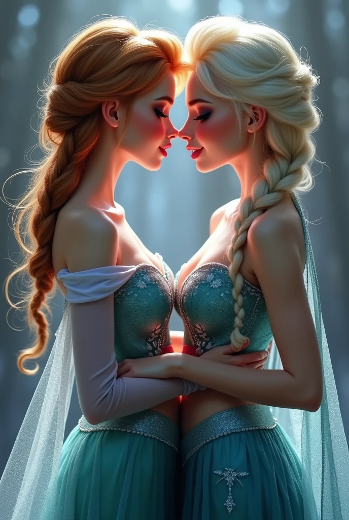 A stunning portrait of Elsa and her sister Anna putting their fingers in each others vaginas, kissing, French kissing, tongues touching, they are kissing, young and beautiful, hyper realistic, real portrait, backlit, exquisite features, cleavage, Elsa is showing her vagina to Anna and asking her to lick her vagina, she is inserting his fingers in her vagina under her skirt, she is fingering her, Elsa is in ecstasy