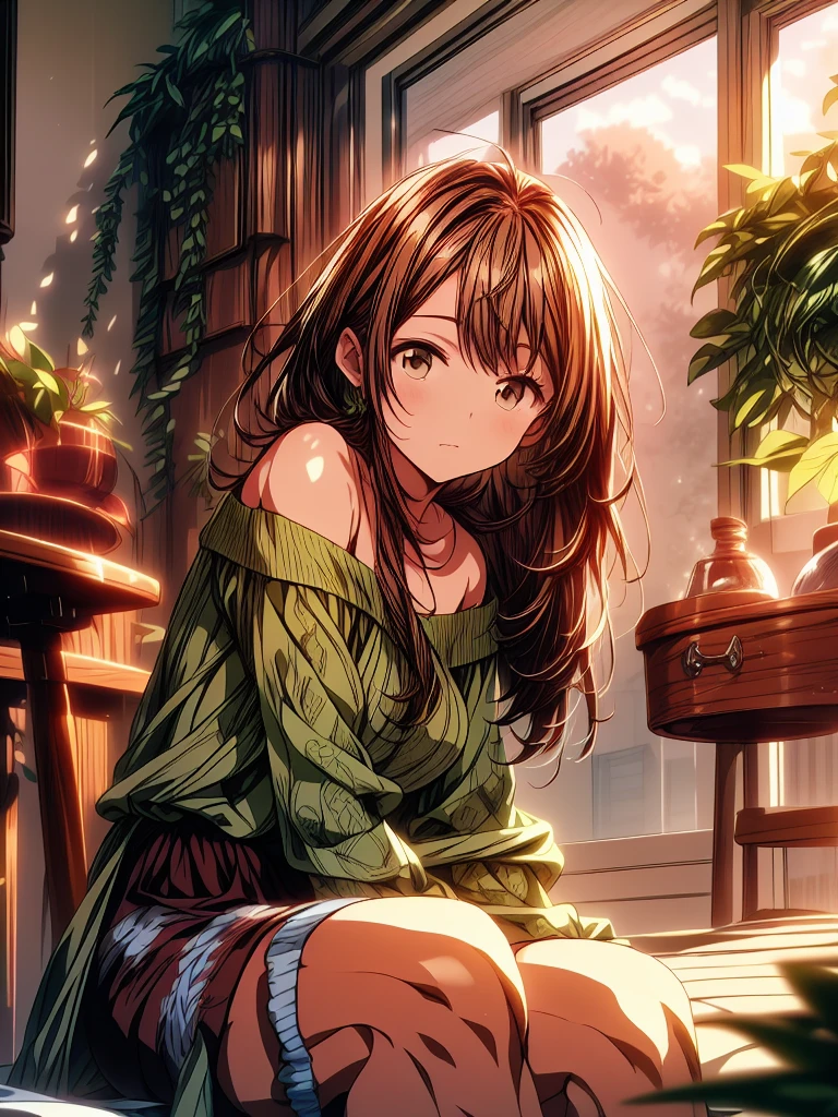 Create a anime style landscape image. Digital illustration featuring a young woman with fair skin and long, light brown hair. She is sitting on a windowsill with a serene expression, gazing directly at the viewer. The woman is wearing a red off-shoulder top and denim shorts. The background showcases a bright, sunlit scene with lush green foliage visible through the window panes. The lighting in the image is soft and warm, creating a peaceful and inviting atmosphere. The overall style of the illustration is realistic with a touch of anime influence, characterized by smooth shading and detailed textures.