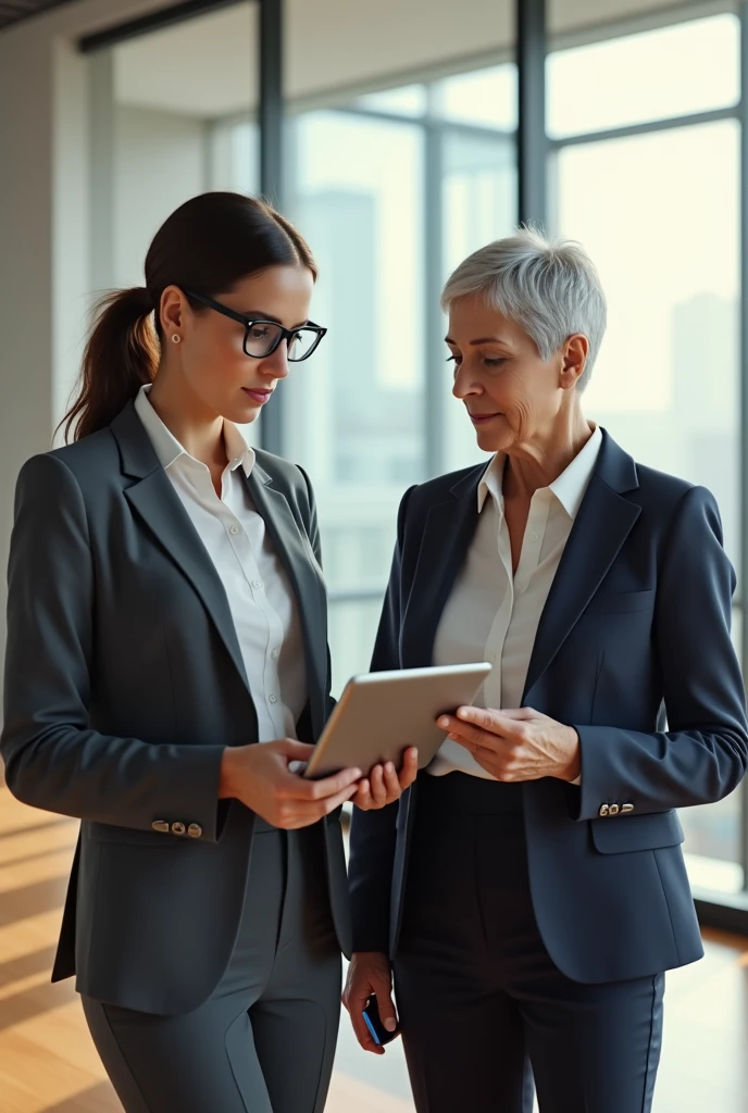 
two people in business suits: a brunette woman 20 years with glasses and a woman 50 years old with gray hair with a short haircut with phones and laptops in their hands, medium portrait, large window, bright morning sunlight, wooden floor 