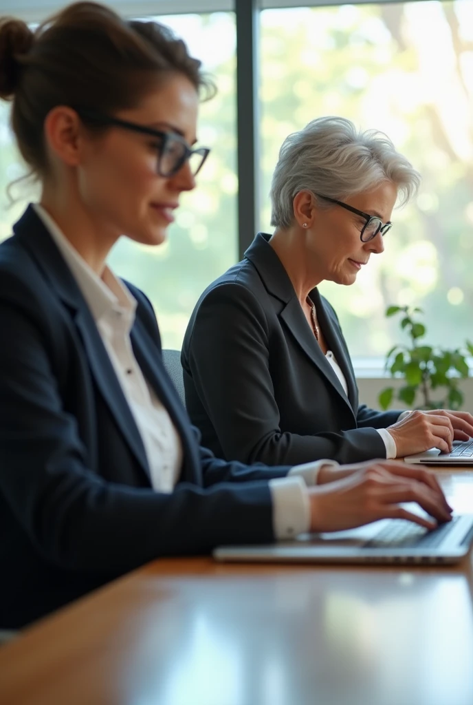 two people in business suits: a brunette woman 20 years with glasses and a woman 50 years old with gray hair with a short haircut with phones and laptops in their hands, medium portrait, large window, bright morning sunlight, wooden floor