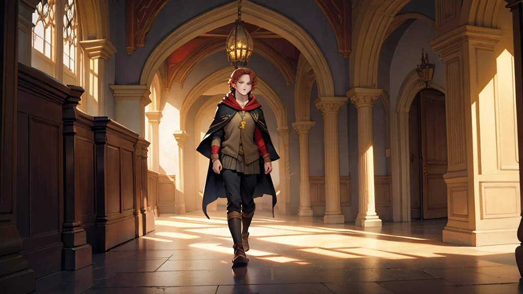 a young red-haired teenage student, with a Hufflepuff cape, walking through the corridors of a magical castle