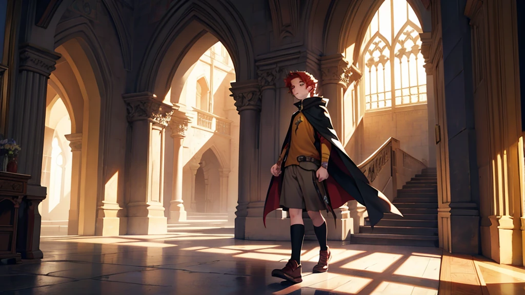 a young red-haired teenage student, with a Hufflepuff cape, walking through the corridors of a magical castle