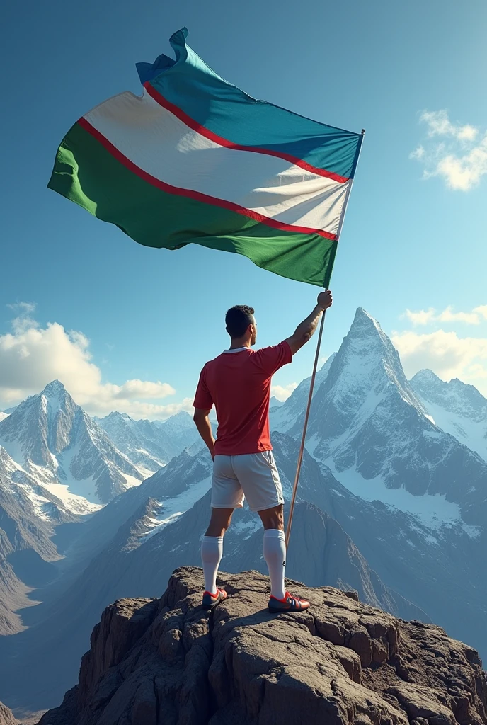 Humans and cristiano ronaldo with the flag of Uzbekistan in his hand on the top of the mountain

