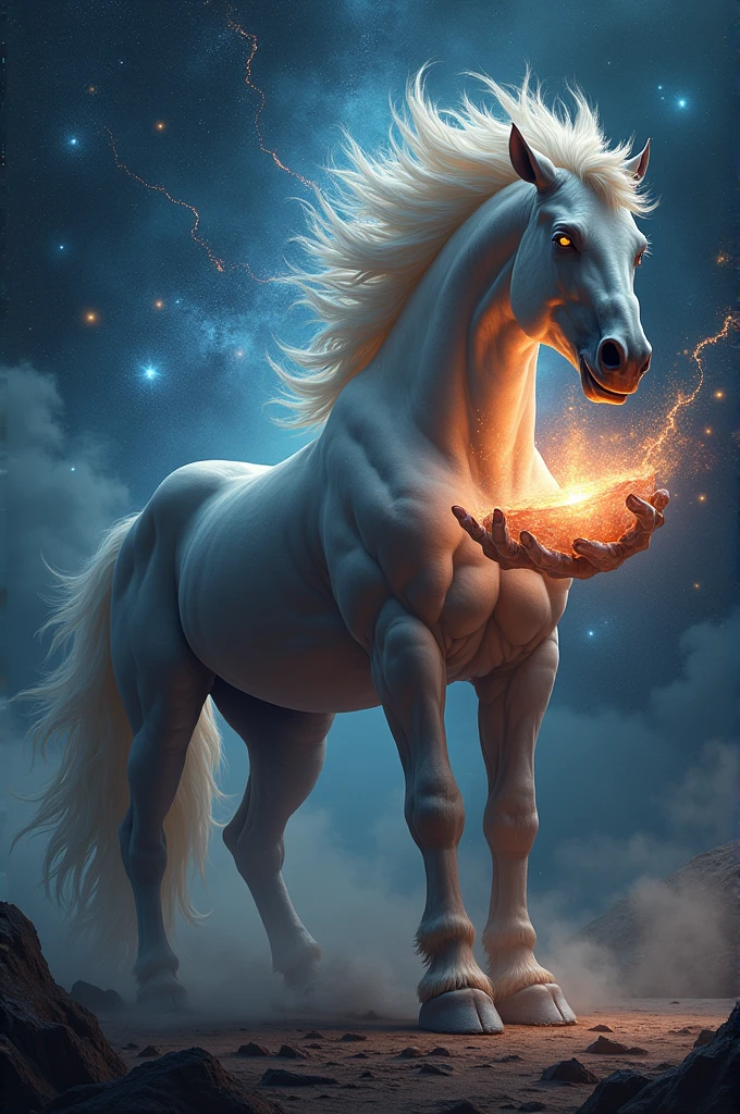 A horse holding the galaxy with one hand very angry and irritated