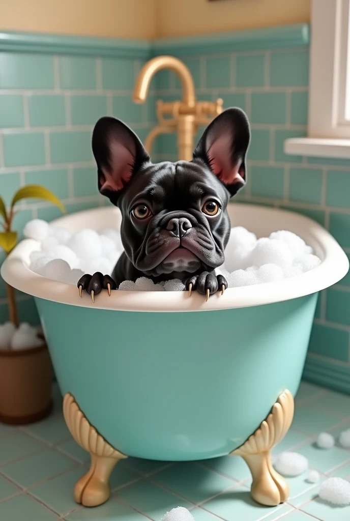 Black French Bulldog with bubble bath 
