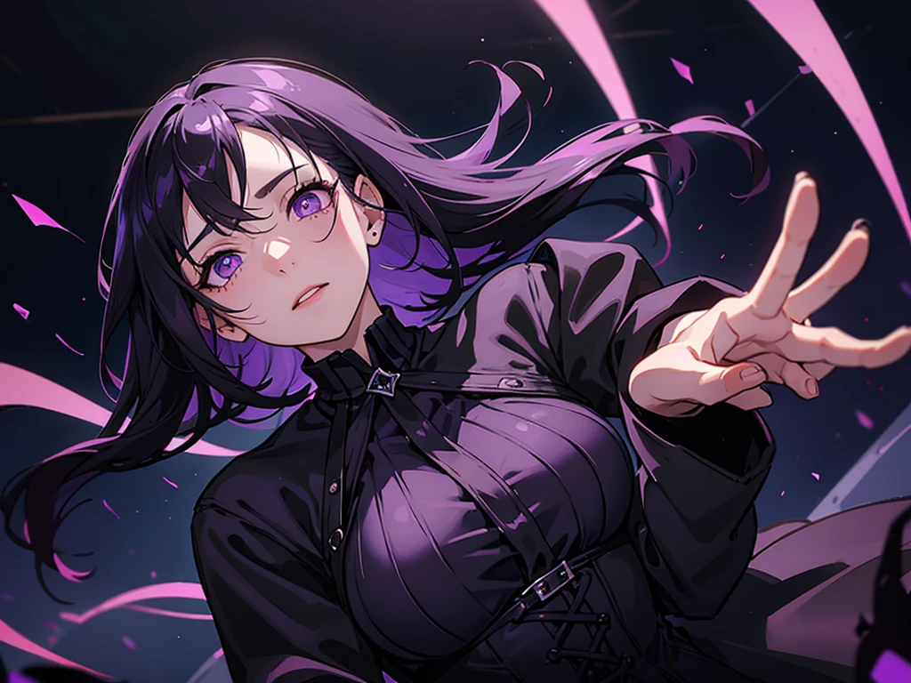 void fires, gothic stage, music stage, outside, dark night, just the stage, purple black hair, purple eyes, large breast, singing, perfect hands, perfect eyes, expressive eyes, four fingers,