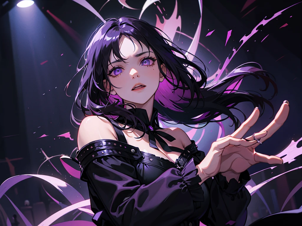 void fires, gothic stage, music stage, outside, dark night, just the stage, purple black hair, purple eyes, large breast, singing, perfect hands, perfect eyes, expressive eyes, four fingers,