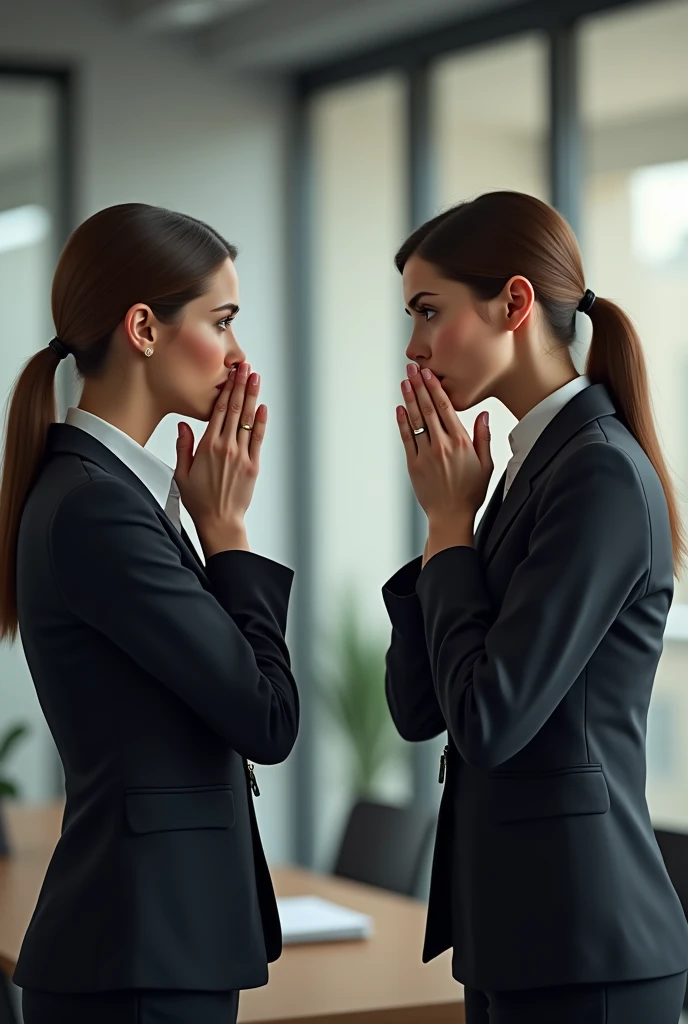 Image of two women talking, one of them looking to the side with both hands covering her mouth to keep from speaking. High quality image