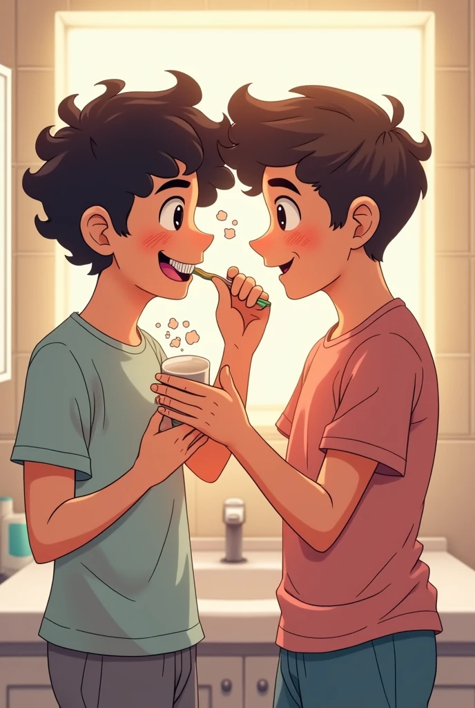 Gay couple man curly hair brushing teeth happy manga 

