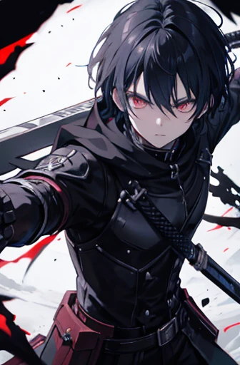 anime boy, holding sword, combat pose, detailed face, dark fantasy, dramatic shadows, glowing eyes, intense expression, cyberpunk style clothing