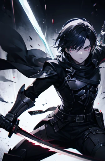 anime boy, holding sword, combat pose, detailed face, dark fantasy, dramatic shadows, glowing eyes, intense expression, cyberpunk style clothing