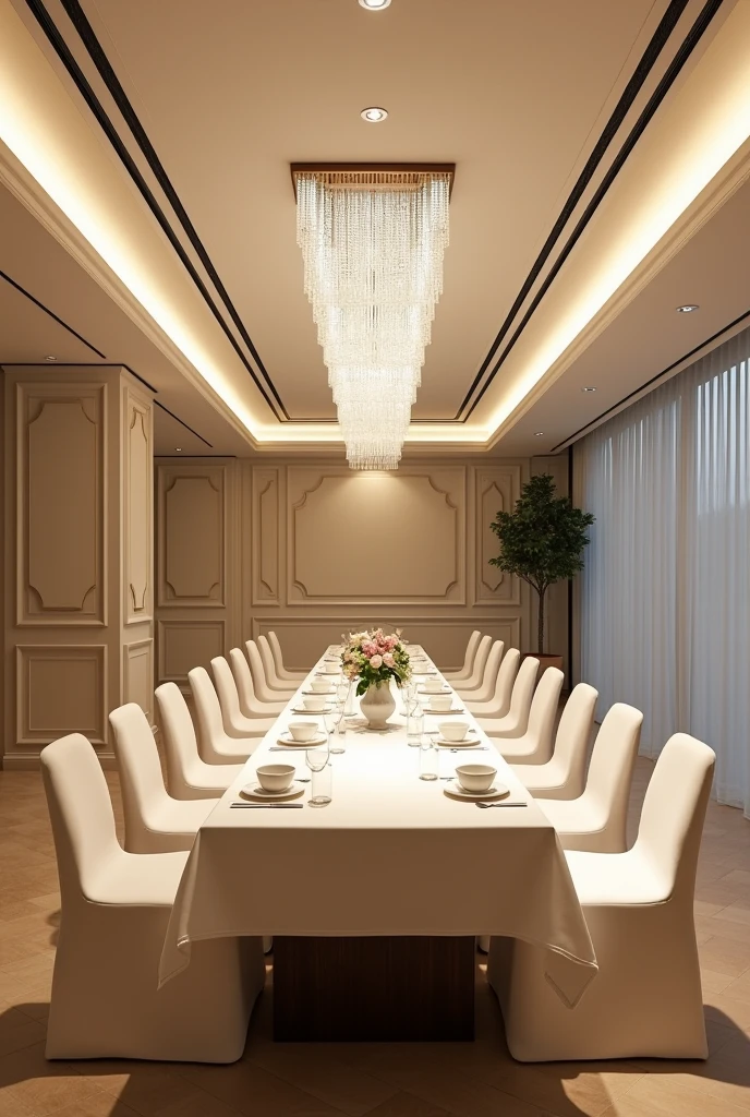 Restaurant tea room, ceilings 3.5 meters, rectangular flat ceiling, on the ceiling a rectangular chandelier made of small crystals, the floor is light brown porcelain stoneware, a long rectangular 6 meter st, white tablecloth, for 40 persons, walls made of decorative panels of light cream color, chairs dressed in white covers, white tea cups on the Table, walls without columns, ceiling with a chandelier without lighting on the sides. Flat ceiling. Along the walls there are square pillars measuring 40×40, at a distance of 3 meters. The length of the hall is 12 meters, the width of the hall is 6 meters.Without o Table in one line