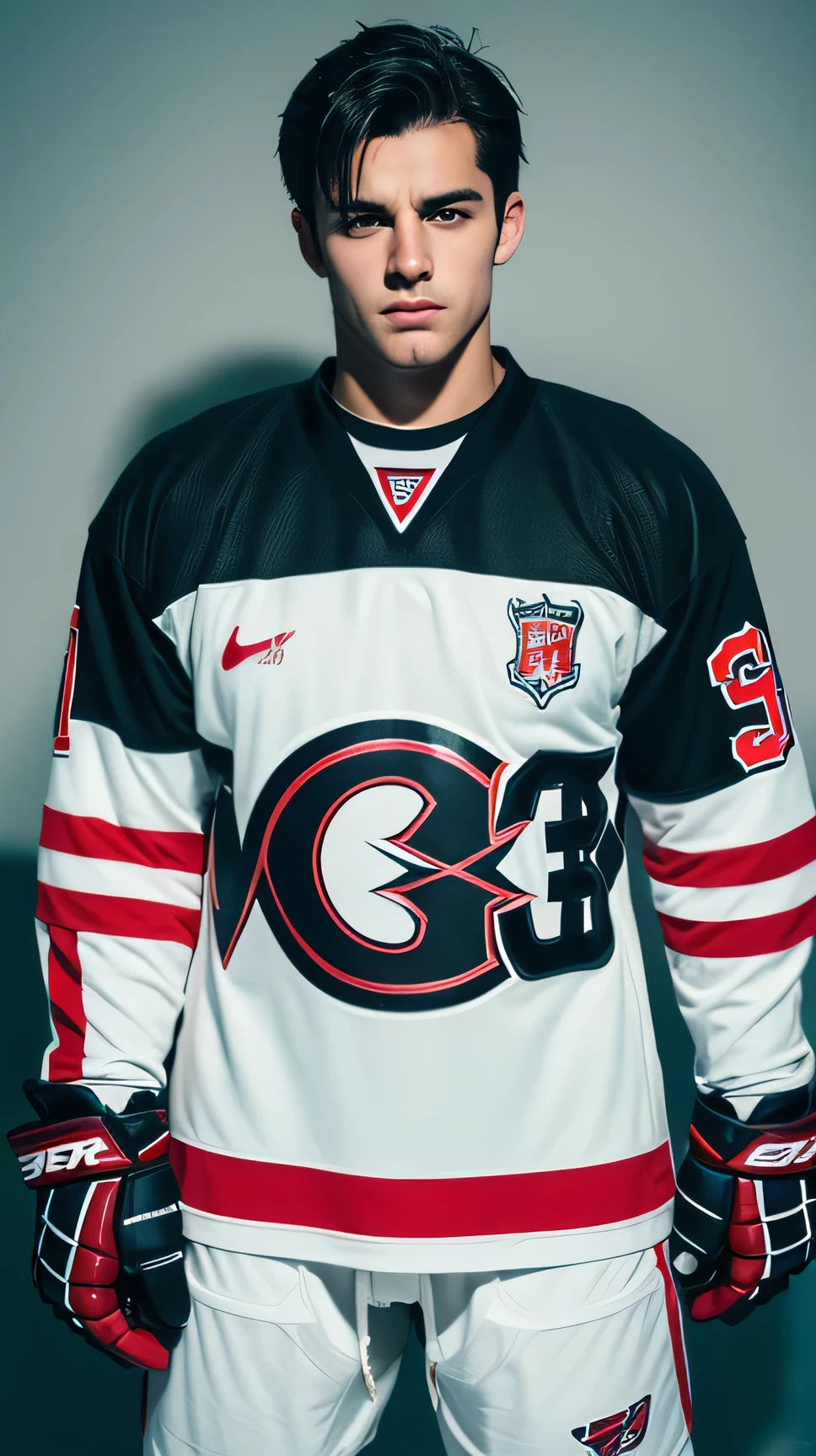 An attractive man, young, muscular, black-haired man with a cynical and seductive, bad boy, hockey player, hockey uniform, Full body, hyper-realistic nonsense, RAW photo, UltraHD 8K, high quality, film grain, (skin highly detailed: 1.2)