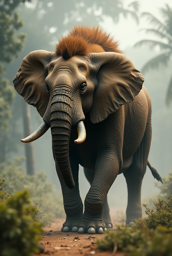 I need the hybridization of an animal that combines the African elephant, a lion and a rhinoceros, I need the body to be that of the elephant, but the head and tail are of the lion, will have the elephant&#39;s torso and tusks, and will have the great horn and dark circles of the rhinoceros