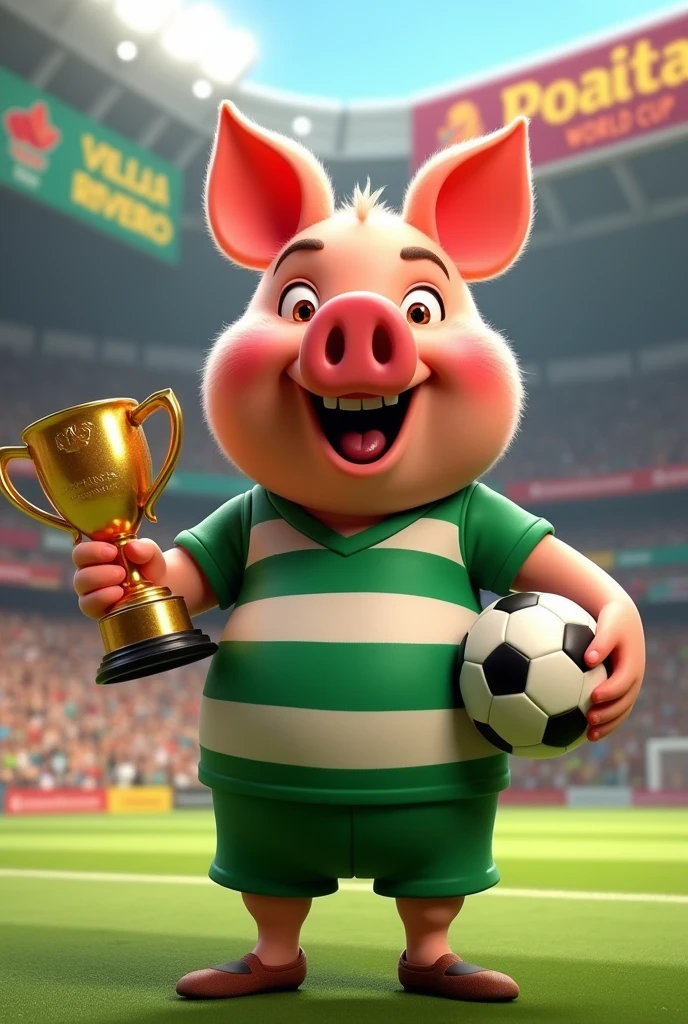 Create the image Porky from the looney toons movie , Let it be a different little piece with a ball and a trophy in each hand. That he is wearing a green and white shirt. There are sports games like in a futsal world cup. With a sign Villa Rivero.