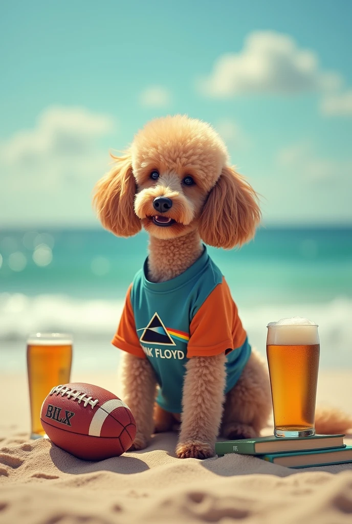 Image of a poodle dog on the beach wearing a pink floyd t-shirt with a psychology necklace playing with a rugby ball and a beer on the sides