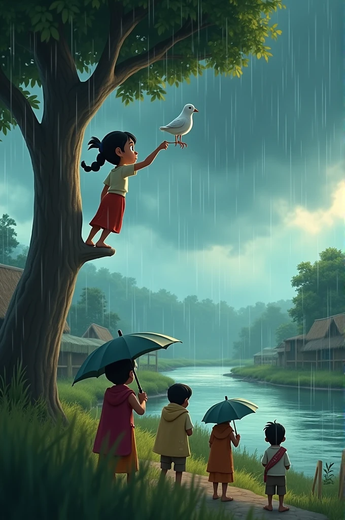 Cinematic 3d cartoon"Create an image set in a small, peaceful village by a river, with a backdrop of lush green fields and simple thatched-roof houses. The central focus is on a young girl named Neha, who is around 8-10 years old, with dark hair tied in a braid, wearing a simple traditional dress. She is seen climbing a large tree in the midst of a heavy rainstorm. High up in the tree, a white dove is perched on a branch, looking distressed. Neha reaches out to rescue the dove, her face showing determination and care. The rain pours down heavily, with dark clouds in the sky, and the river in the background is swollen with water. Below the tree, villagers watch in awe, holding umbrellas or covering themselves with shawls, admiring Neha's bravery. The mood is tense but heroic, capturing the moment of rescue amidst the storm."