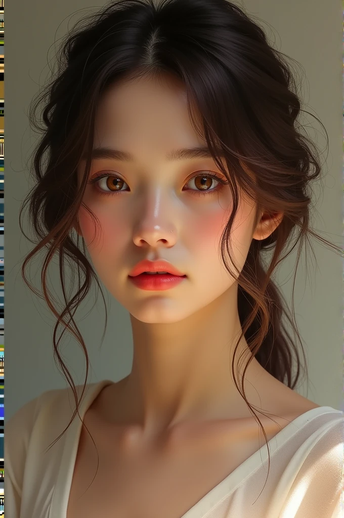 Woman with medium brown hair and layered hair, eyes browns 