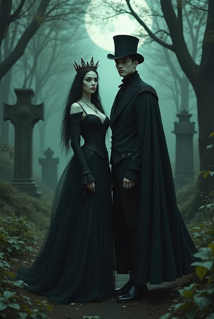 an abandoned cemetery in the woods at night, in the center a sensual queen with white skin, long black hair and green eyes wearing a long medieval dress with black frames , with a crown on his head. Beside him a tall man with white skin, Youngh, wearing a black suit, cape and top hat. both facing the viewer