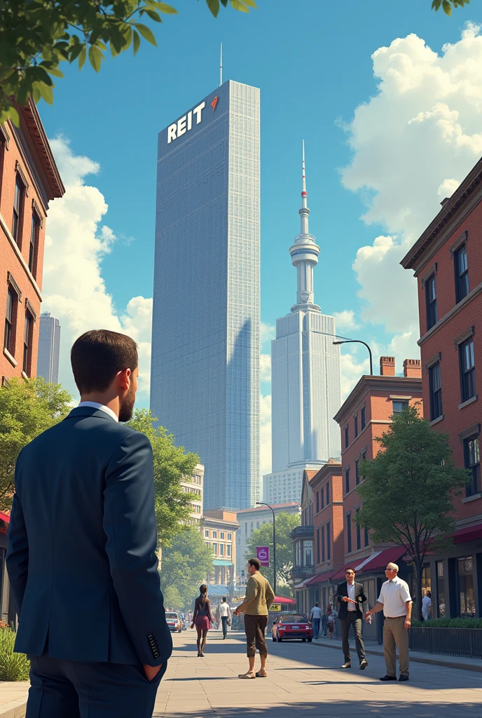 Make pictures of Activity starting from Right side of picture a person selling His House or Bilding and In middle Of image Put One Building write REIT Word on top Of The building and Last Right side of picture put the investor Image 