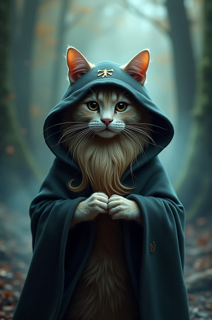 A cat with a beard and a hood