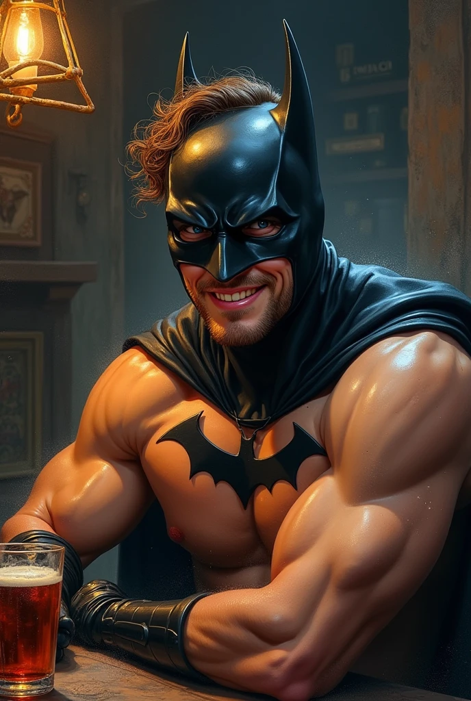 Hyper detailed gouache painting of a batman, batman,wearing batman mask
, drinking in a tavern, playful smile on his face, [hyper realistic], handsome, Greek, brunet, 1 boy, chiseled features), (dark magic: 1.2), mature, warm illumination, shirtless, natural glossy skin, looking at viewer, curly hair, (volumetric lighting), atmospheric perspective, dust particles, light axis, (e_foxy:0.7), m_wlop, (