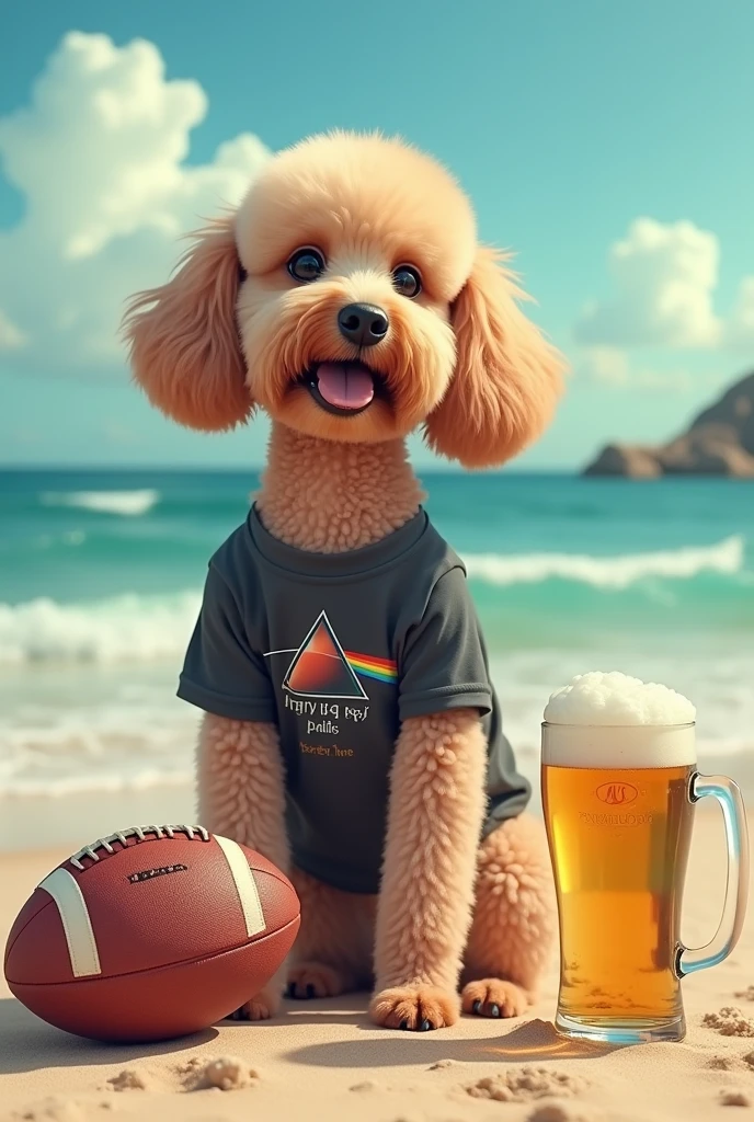 Image of a poodle dog on the beach wearing a Pink Floyd t-shirt playing with a rugby ball and a beer on the sides with a psychology book