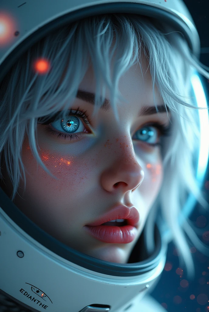(Close-up of a better masterpiece: 1.5) 0.9], (Space and astronauts: 1.2) (Disheveled silver hair: 1.1) (Xanthochromia heterochromia and blue eyes: 1.2) (space helmet: 1.0) (colorful stars in the eyes: 1.0) (A radiant glow: 1.1) (thick lips: 0.9)