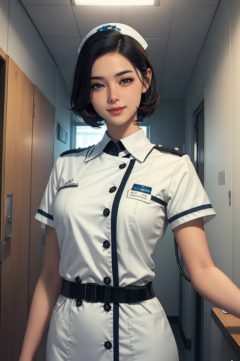 1 girl, Nurse, short black hair, beautiful detailed eyes, beautiful detailed lips, white uniform, smiling, hospital interior, medical equipm, realisitic, photorealisitic, 8k, high qualiy, work of art, cinematic lighting, swirly vibrant colors, warm hues