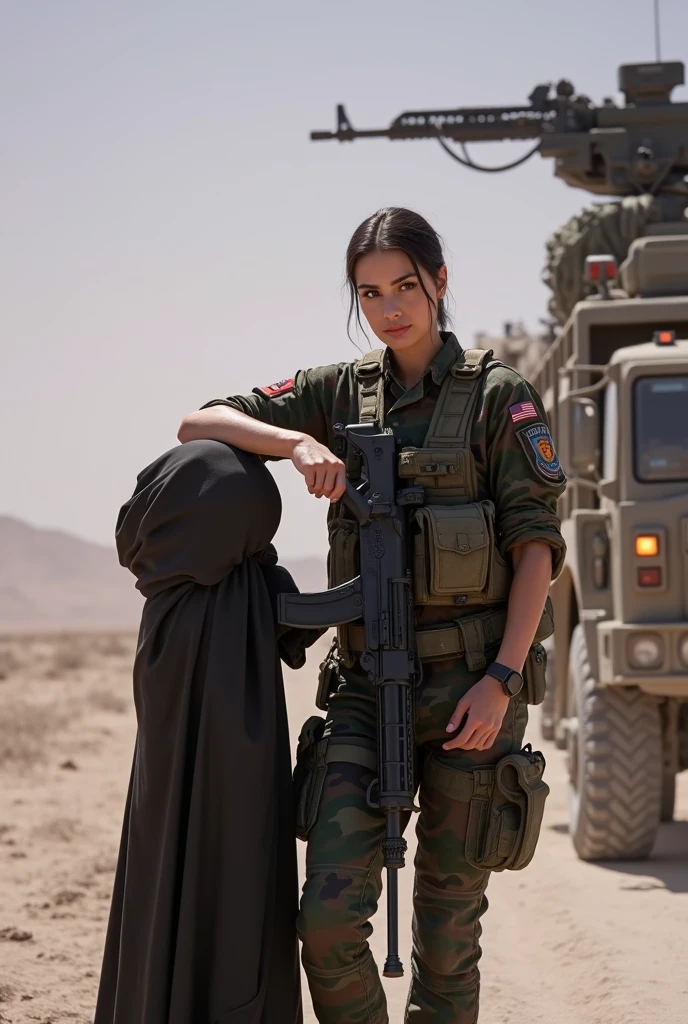 Alafed truck with gun on back, Afghan fighters, French special forces, heavily armed, Taliban, Kurdish soldiers, heavily armored, military vehicle, military weapons, military equipment, truck, camouflage, special forces security, modern military equipment, carrying rifle, gun mounted on shoulder, gun posing in front of truck A female soldier, ((masterpiece, highest quality, Highest image quality, High resolution, photorealistic, Raw photo, 8K)), ((Extremely detailed CG unified 8k wallpaper)), (huge stunning goddess shot, very hot and sexy, jaw-dropping beauty, perfect proportions, beautiful body, slim body beauty:1.4),  