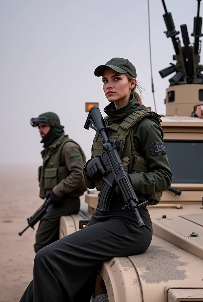 Alafed truck with gun on back, Afghan fighters, French special forces, heavily armed, Taliban, Kurdish soldiers, heavily armored, military vehicle, military weapons, military equipment, truck, camouflage, special forces security, modern military equipment, carrying rifle, gun mounted on shoulder, gun posing in front of truck A female soldier, ((masterpiece, highest quality, Highest image quality, High resolution, photorealistic, Raw photo, 8K)), ((Extremely detailed CG unified 8k wallpaper)), (huge stunning goddess shot, very hot and sexy, jaw-dropping beauty, perfect proportions, beautiful body, slim body beauty:1.4),