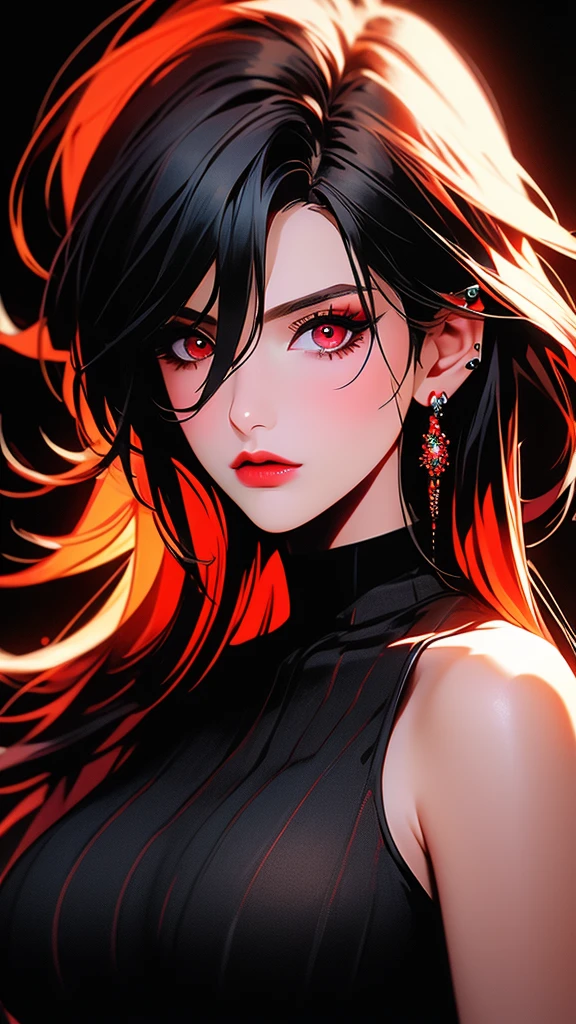Gigantic breasts, realistic,photorealistic,photo-realistic:1.37,highres,best quality,4k,masterpiece:1.2,ultra-detailed,extremely detailed eyes and face,long hair,red hair,multicolored hair,gradient hair,bangs,black hair,hair between eyes,ear piercing,piercing,jewelry,earrings,looking at viewer,1girl,solo,black shirt,shirt,breasts,medium breasts,collarbone,red eyes,black background,neon,video game art,red neon