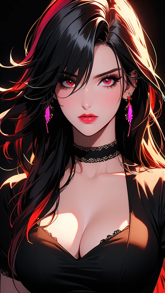 Gigantic breasts, realistic,photorealistic,photo-realistic:1.37,highres,best quality,4k,masterpiece:1.2,ultra-detailed,extremely detailed eyes and face,long hair,red hair,multicolored hair,gradient hair,bangs,black hair,hair between eyes,ear piercing,piercing,jewelry,earrings,looking at viewer,1girl,solo,black shirt,shirt,breasts,medium breasts,collarbone,red eyes,black background,neon,video game art,red neon