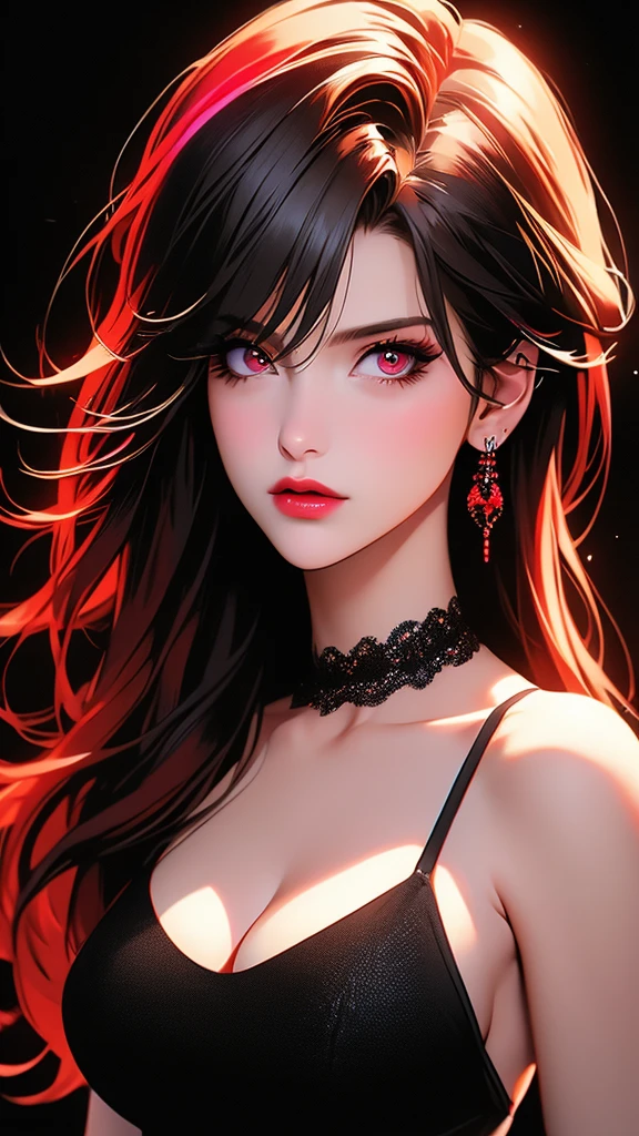 Gigantic breasts, realistic,photorealistic,photo-realistic:1.37,highres,best quality,4k,masterpiece:1.2,ultra-detailed,extremely detailed eyes and face,long hair,red hair,multicolored hair,gradient hair,bangs,black hair,hair between eyes,ear piercing,piercing,jewelry,earrings,looking at viewer,1girl,solo,black shirt,shirt,breasts,medium breasts,collarbone,red eyes,black background,neon,video game art,red neon