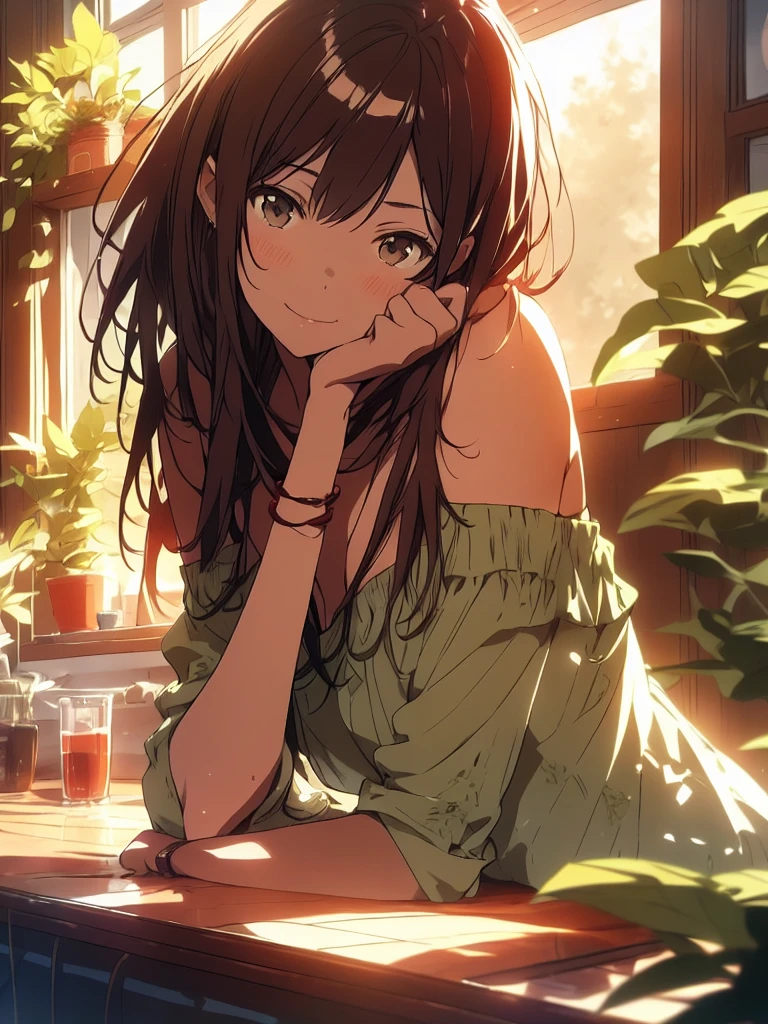 Create a anime style landscape image. Digital illustration featuring a young woman with fair skin and long, light brown hair. She is sitting on a windowsill with a serene expression, gazing directly at the viewer. The woman is wearing a red off-shoulder top and denim shorts. The background showcases a bright, sunlit scene with lush green foliage visible through the window panes. The lighting in the image is soft and warm, creating a peaceful and inviting atmosphere. The overall style of the illustration is realistic with a touch of anime influence, characterized by smooth shading and detailed textures.