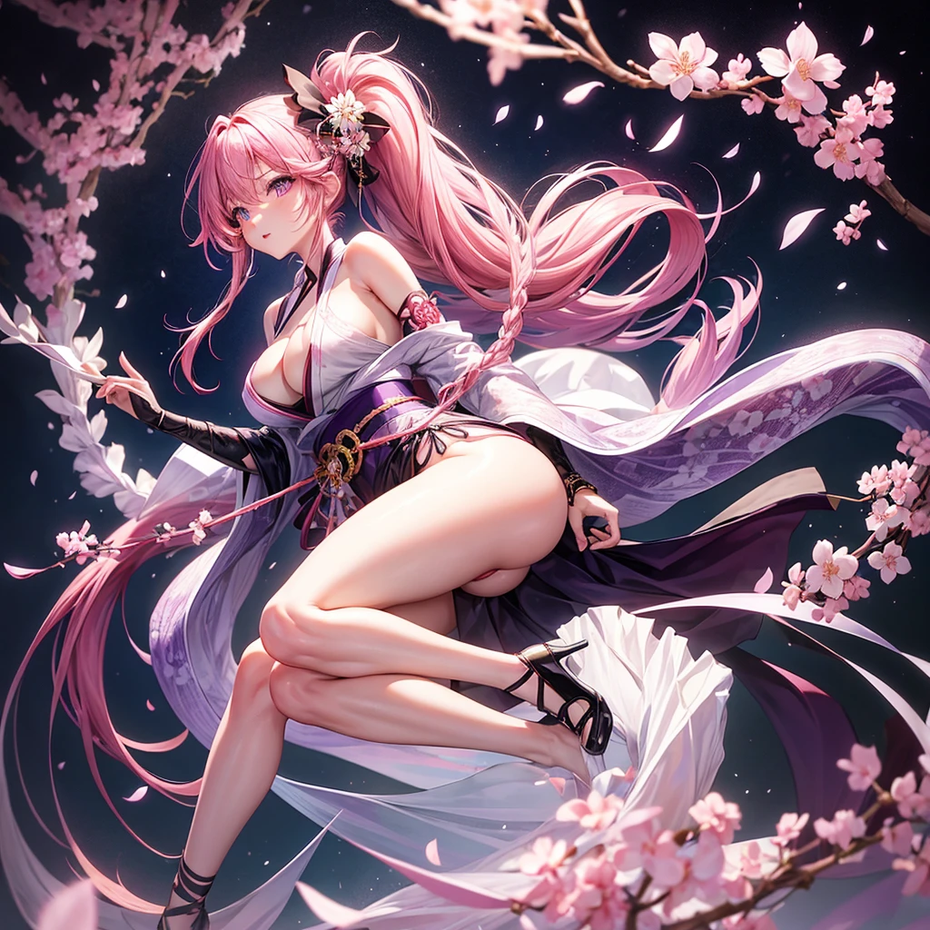 Girl, , fair skin, long pink hair braided in one ponytail, purple eyes, white yukata with open legs and sakura petals, slender, beautiful legs, black belt, black gloves, purple sakura flowers, purple long cloak, detailing, perfect, red and black bracelets on the legs and arms, wooden shoes with thick high heels, kanzashi, , big butt