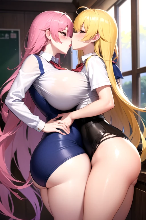Lesbian (very long loose yellow hair)(big breasts, big thighs)(with school uniform clothes it is very tight) that he is kissing and touching his parts at school with his girlfriend(that they are in a very sexy position,(big breasts, big thighs)lesbian love