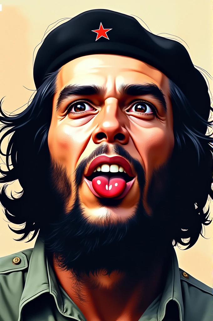 Che ca sticking out his tongue and his eyes looking up 