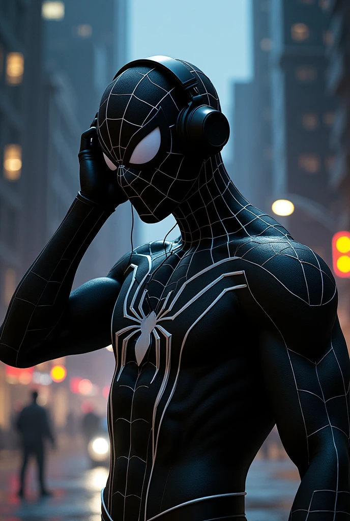 Aggressive Spiderman, black color with white lines, listens to music on headphones, at night in the city