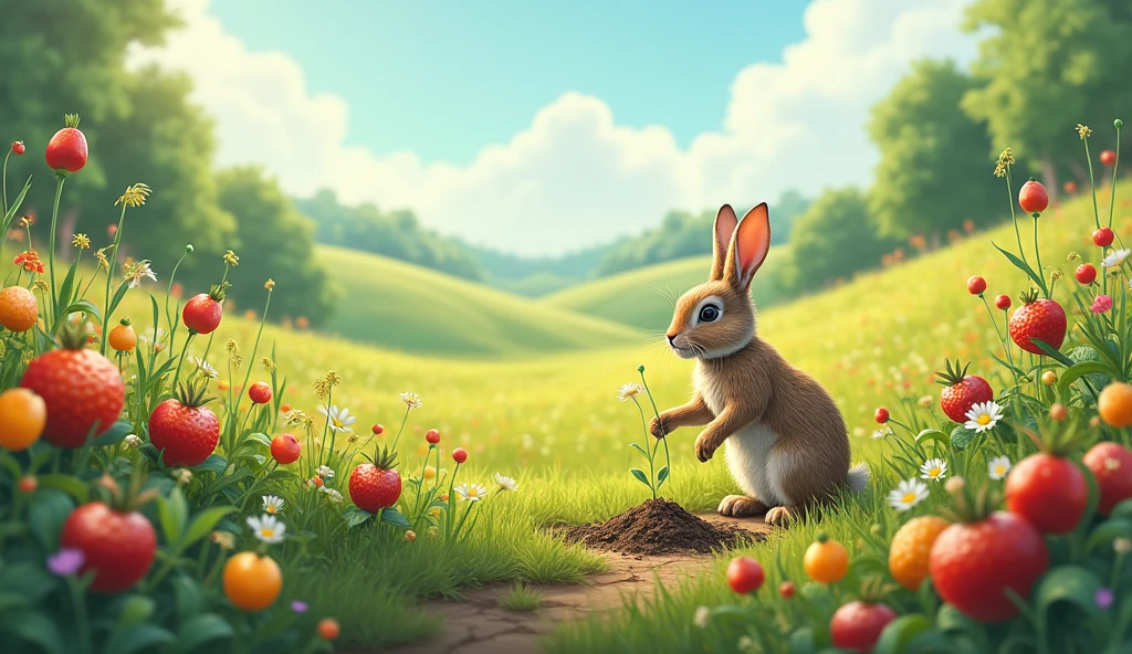 rabbit planted them all around the meadow. Soon, the seeds grew into a stunning garden of vibrant flowers and delicious fruits. Rabbits meadow became the most beautiful place in the land, filled with joy and wonder. Rabbits discovery made the meadow a special place for all the animals, and they celebrated with a grand feast among the blooming flowers.