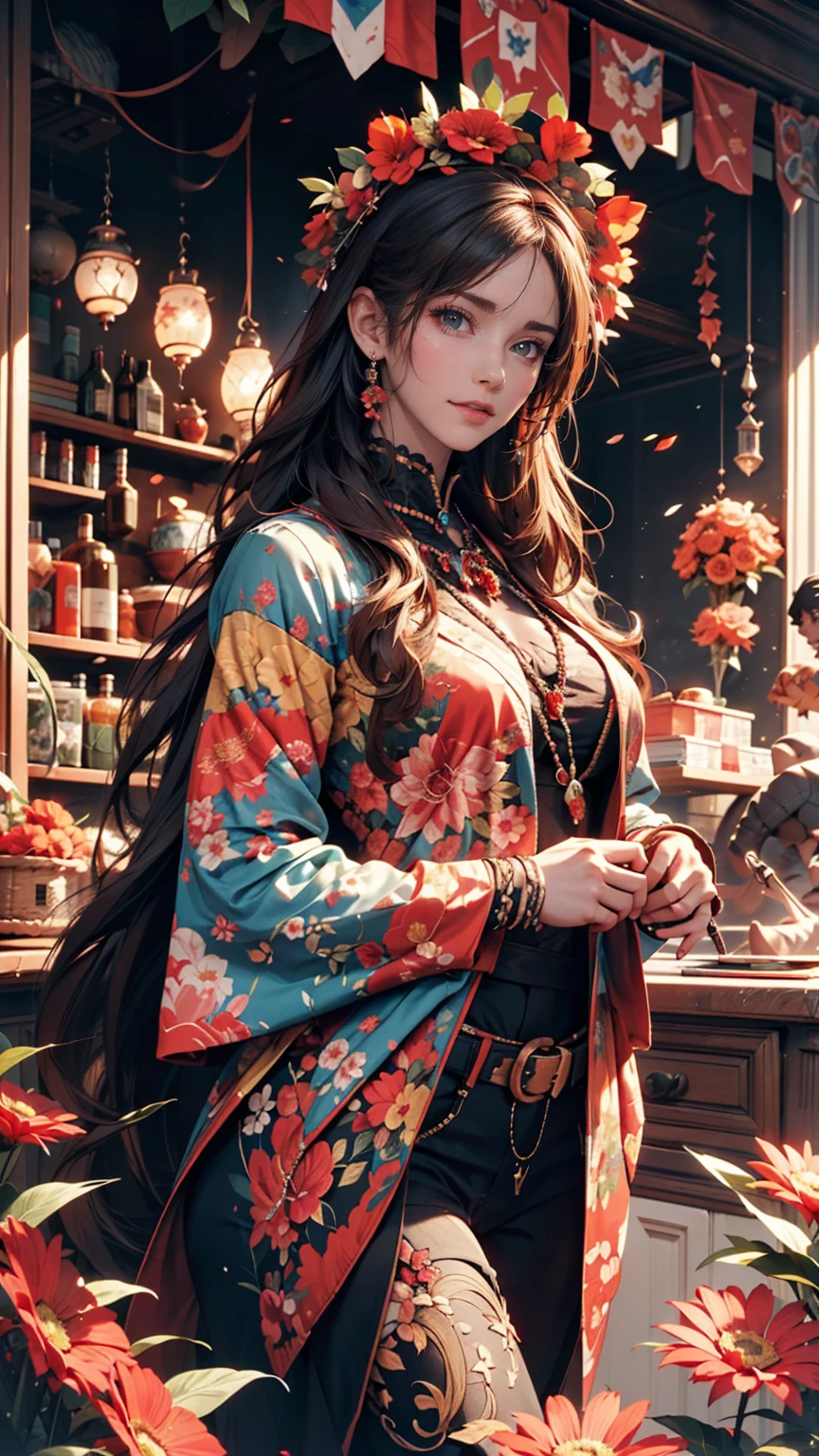 Official Art, unity 8k wallpaper, Super detailed, beautifully、aesthetic, masterpiece, Highest quality, (zenTangle, Mandala, Tangle, enTangle), (Fractal Art:1.3) , One person, Red flower, Very detailed, Dynamic Angle, Cowboy Shot, The most beautiful form of chaos, elegant, Brutalist design, Vibrant colors, Romanticism, James Jean, Robbie Dowie Anton, Ross Tran, Francis Bacon, It was freezing cold, Adrian's genius, Petra Cortright, Gerhard Richter, takato yamamoto, Ashley Wood, Atmospheric