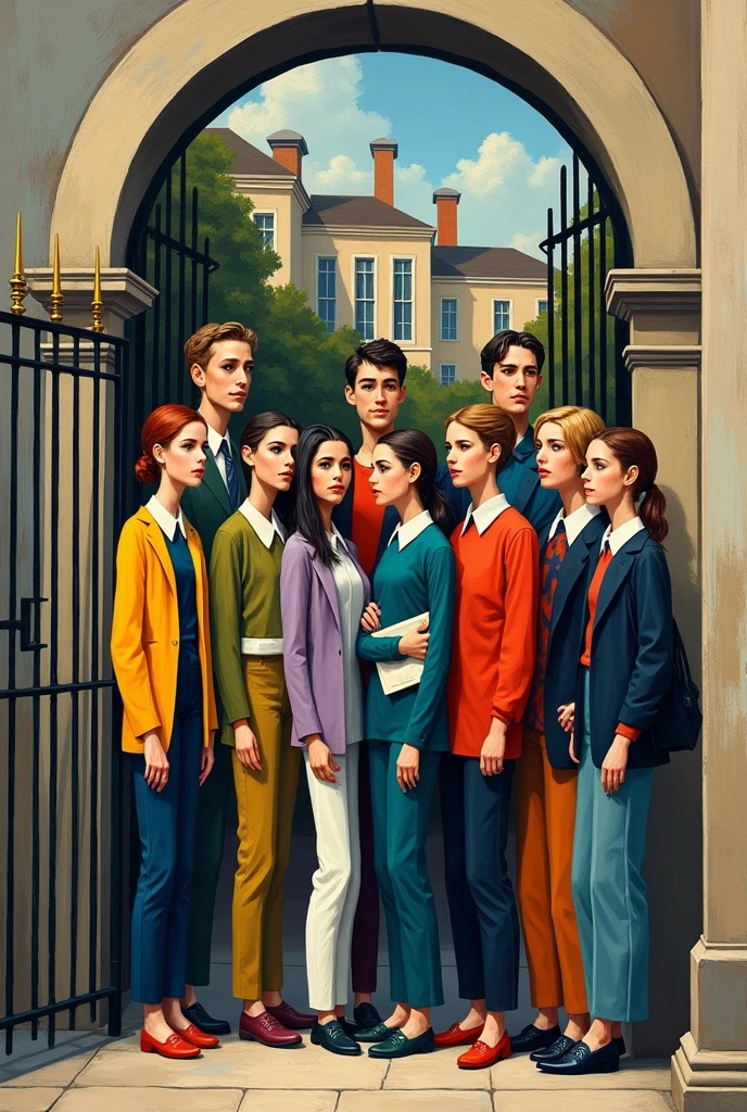A group of students at the gate of an English school but with Picasso style