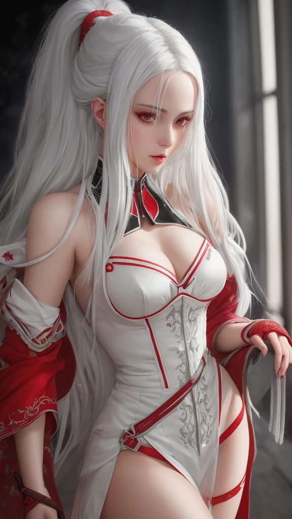 (RAW photo, analog style),Asuna is a woman with white hair, red eyes, pretty ,, highly detailed, (high detailed skin:1.2), 8k uhd, dynamic pose, 25 year old model, shadow.